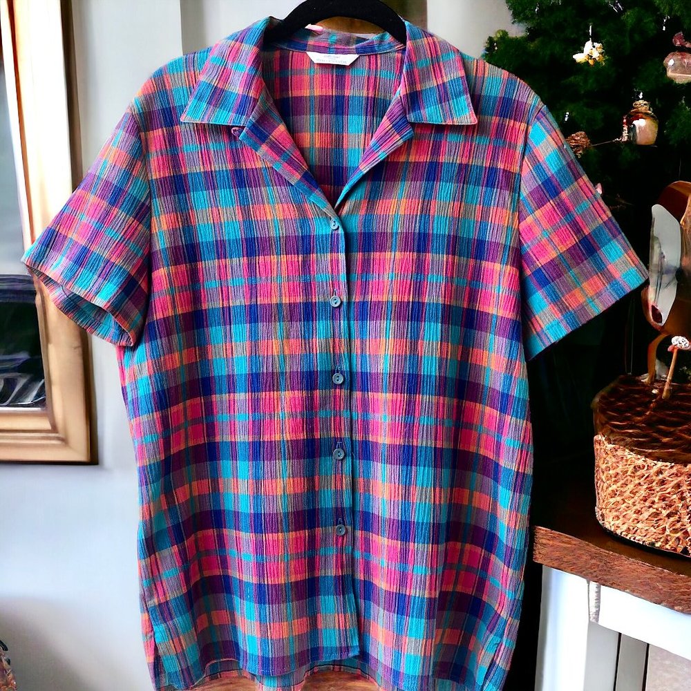 St Michael from Marks & Spencer Plaid Seersucker Shirt Blouse Womens 8 Made UK